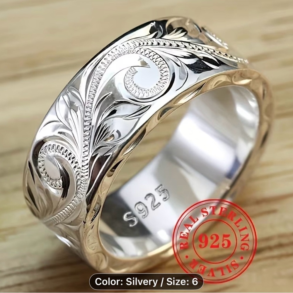 This is a sterling silver carved leaf hand-engraved men ring - Picture 3 of 16
